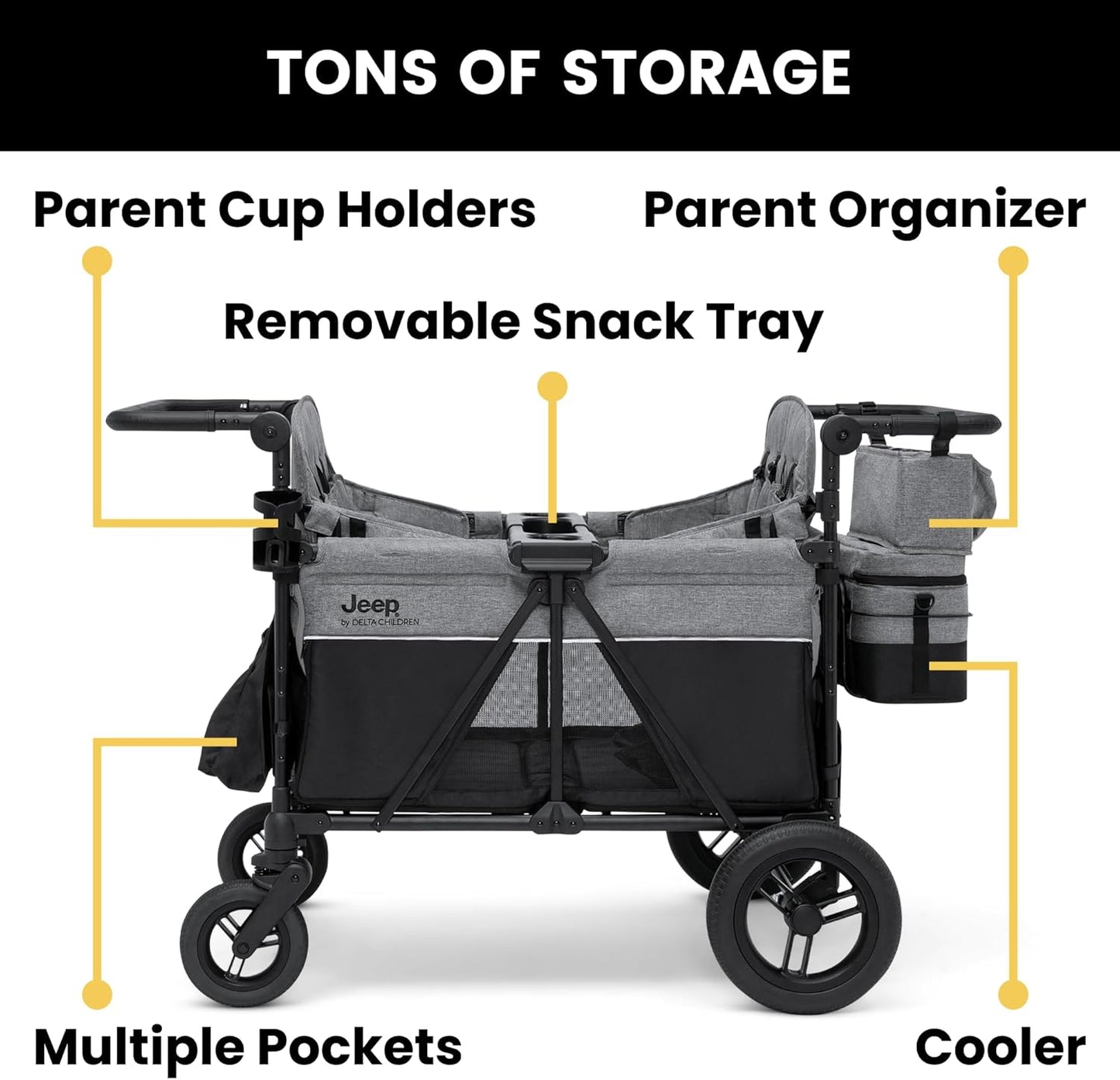 Jeep Wrangler Deluxe 4 Seater Stroller Wagon by Delta Children - Premium Quad Stroller Wagon for 4 Kids with Convertible Seats, Adjustable Push/Pull Handles, Removable Canopy & Flat Fold, Grey