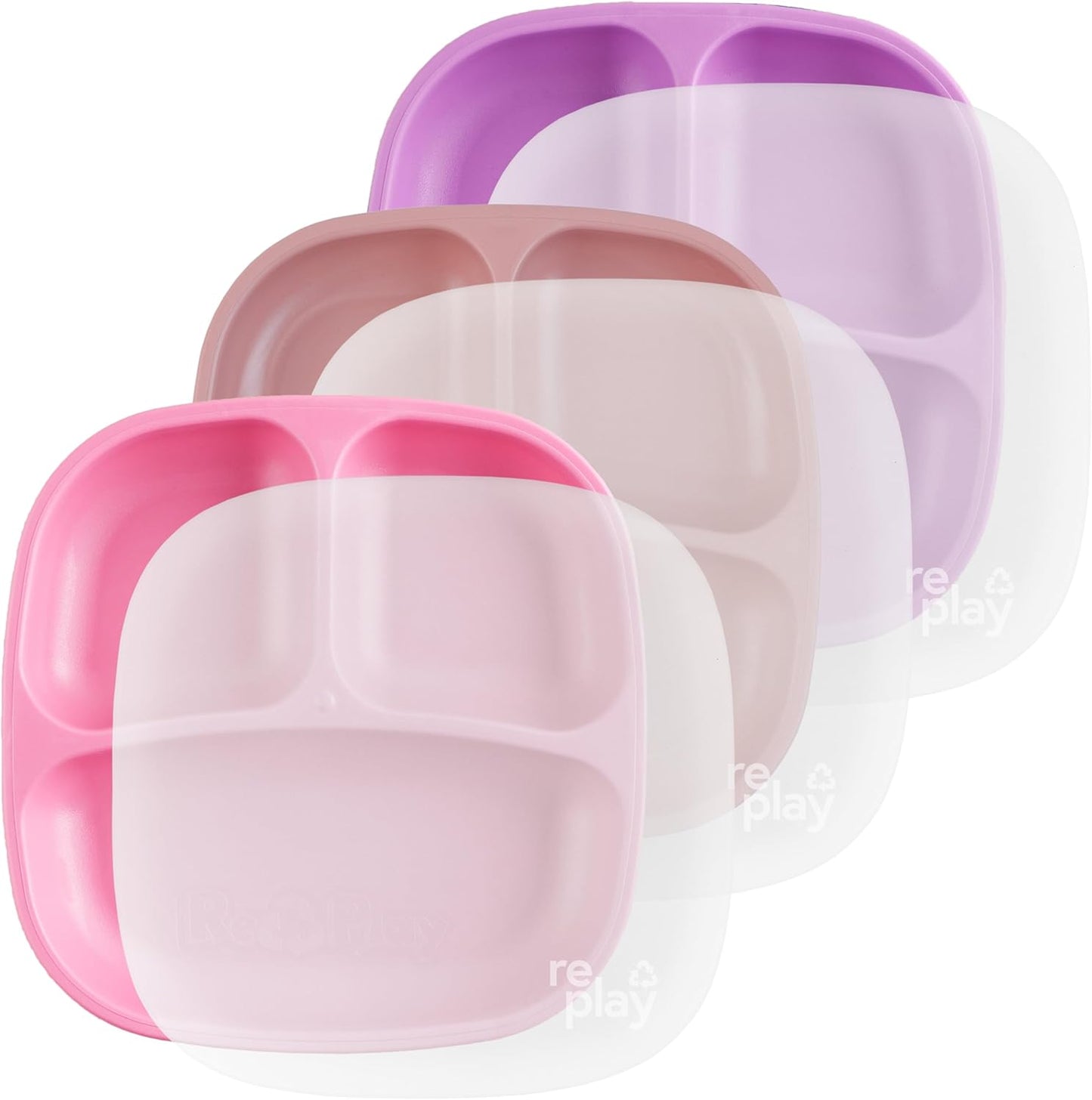 Re-Play Toddler Plates with Dividers - Deep-Walled 3 Compartments Divided Plates for Kids - Dishwasher & Microwave Safe - Made in USA - Set of 3-7.37" x 7.37" x 1.25" - Beach Baby