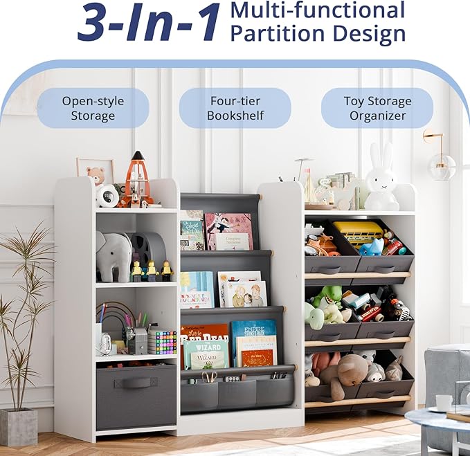IKALIFE Kids Toy Book Storage Organizer - Large Bookshelf with 7 Removable Bins, Baby Bookshelf and Toy Storage, 4-Tier Book Shelf for Kids Room, Playroom, Classroom, 55 inch, Cream