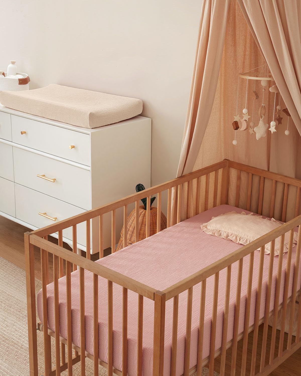 Blissful Diary Muslin Bassinet Sheets for Baby Girls Boys, Boho Soft Cotton Fitted for Oval Hourglass Rectangle Mattress, 2 Pack(Sunshine&Brown)