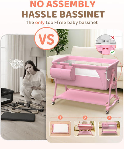 BIERUM Baby Bassinet Bedside Crib - 4 in 1 Bassinet Bedside Sleeper with Wheels, Mattress and Breathable Sides, 7 Height Adjustable, Stable and Secure Crib for Newborns