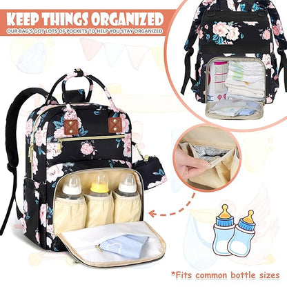 Tenot Baby Diaper Bag Backpack, Travel Diaper Bags for Girl Boy Large Capacity Baby Bag Backpack for Women Black Floral