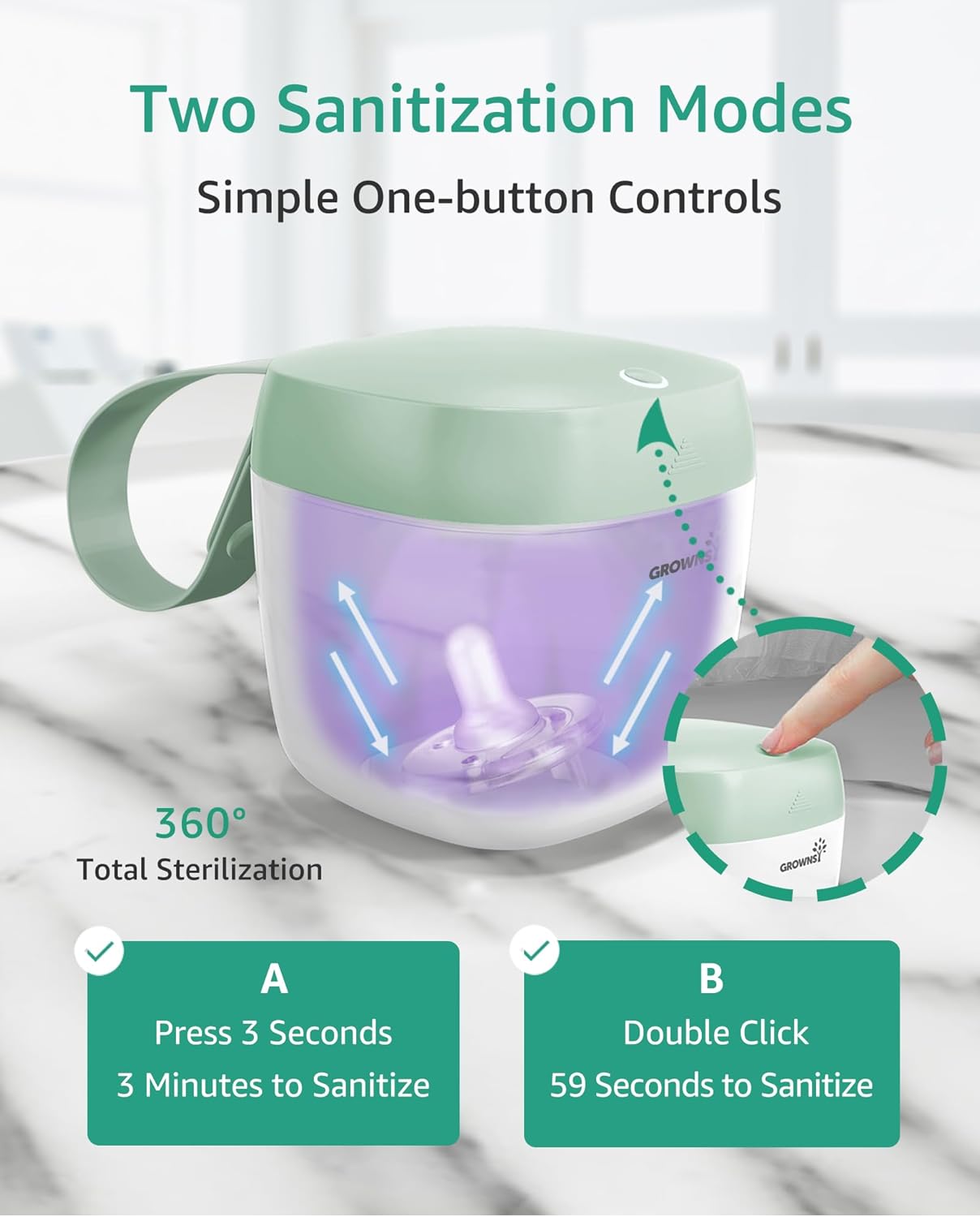 GROWNSY Pacifier Sanitizer Portable, UV Light Sanitizer on The Go for Baby, USB Charging Sanitizer Case, Mini Pacifier Sanitizer 99.99% Cleaned in 59 Seconds (White)