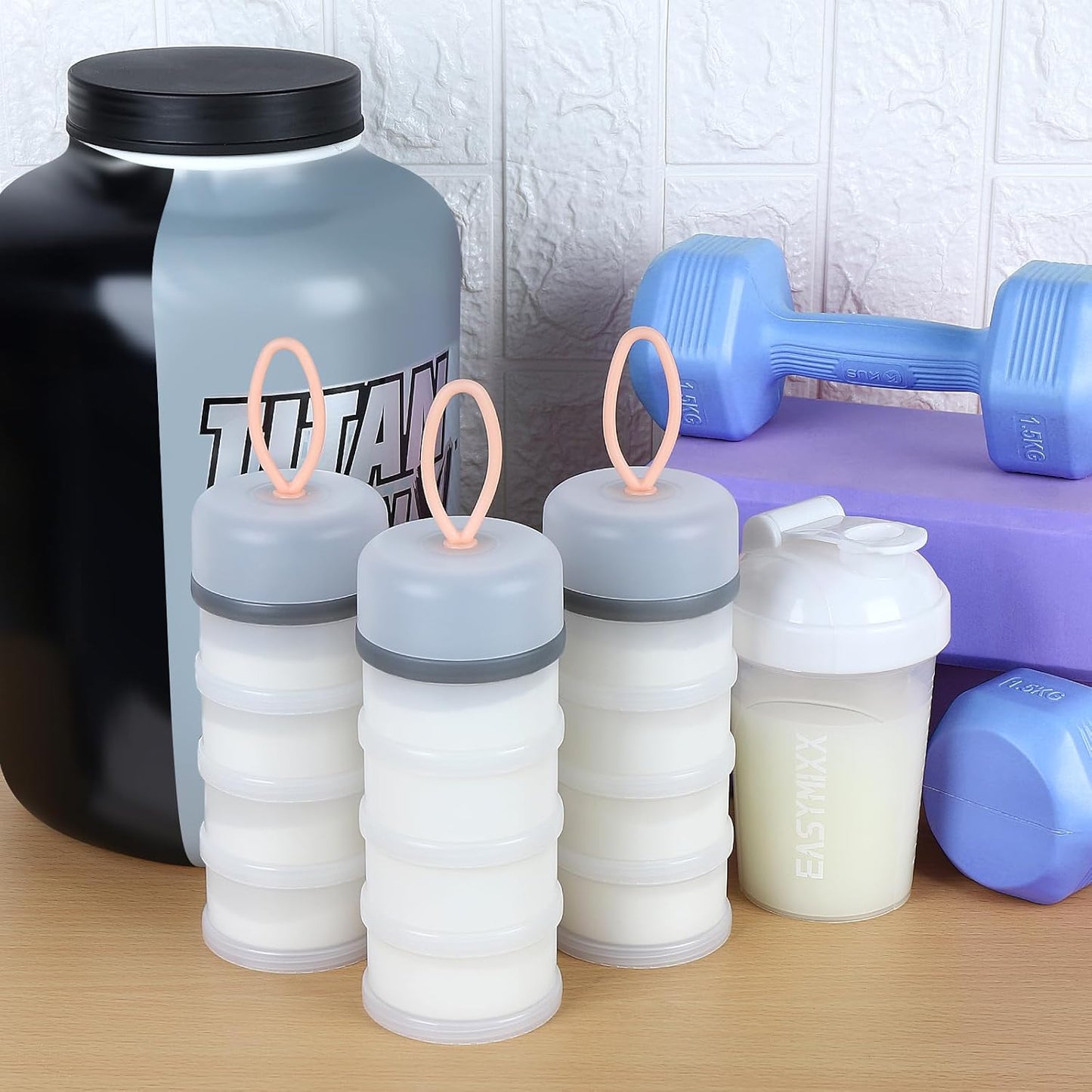 Accmor 2 Pcs Protein Powder Container to Go with Funnels Stand, 4 Compartments Stackable Protein Powder Dispenser for Workout, Fitness, Travel
