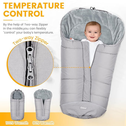 Orzbow Universal Stroller Footmuff, Winter Baby Bunting Bag for Stroller - Baby Sleeping Bag with Coral Fleece Lining for Cold Weather, Water-Repellent, Winter Must Have for Toddler Kids, Light Grey
