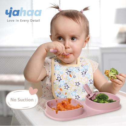 Baby Plates with Suction with Forks and Spoons, Foldable Silicone Toddler Plates, Baby Travel Essential, Microwave & Dishwasher Safe, Purple