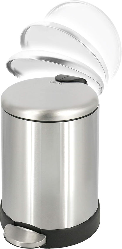 Glad Small Trash Can, 1.2 Gallon | Round Stainless Steel Garbage Bin with Soft Close Lid & Step Foot Pedal | Metal Waste Basket with Removable Inner Bucket, Stainless, 8 x 9.5 x 12 inches