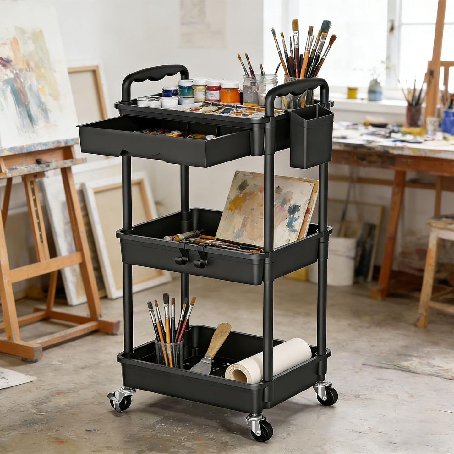 SUNALLY 3 Tier Rolling Cart with Drawer, Bathroom Storage Organizer with 2 Lockable Wheels, Multifunctional Rolling Storage Cart for Bathroom, Kitchen, Office, Craft, Makeup, Baby Essentials, White
