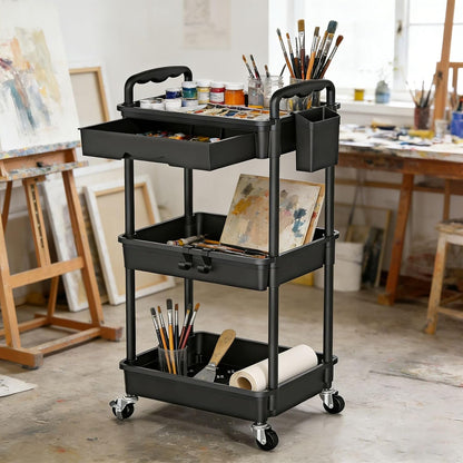 SUNALLY 3 Tier Rolling Cart with Drawer, Bathroom Storage Organizer with 2 Lockable Wheels, Multifunctional Rolling Storage Cart for Bathroom, Kitchen, Office, Craft, Makeup, Baby Essentials, White