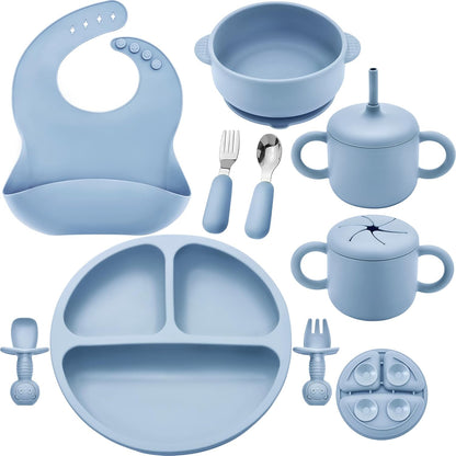 Bufims Silicone Baby Feeding Set, Baby Led Weaning Supplies, Eating Essentials Utensils with Suction Plate and Bowl, Pocket Bib, Sippy Cup with Lid, Forks Spoons Snack Container, for 6+ Months, Green