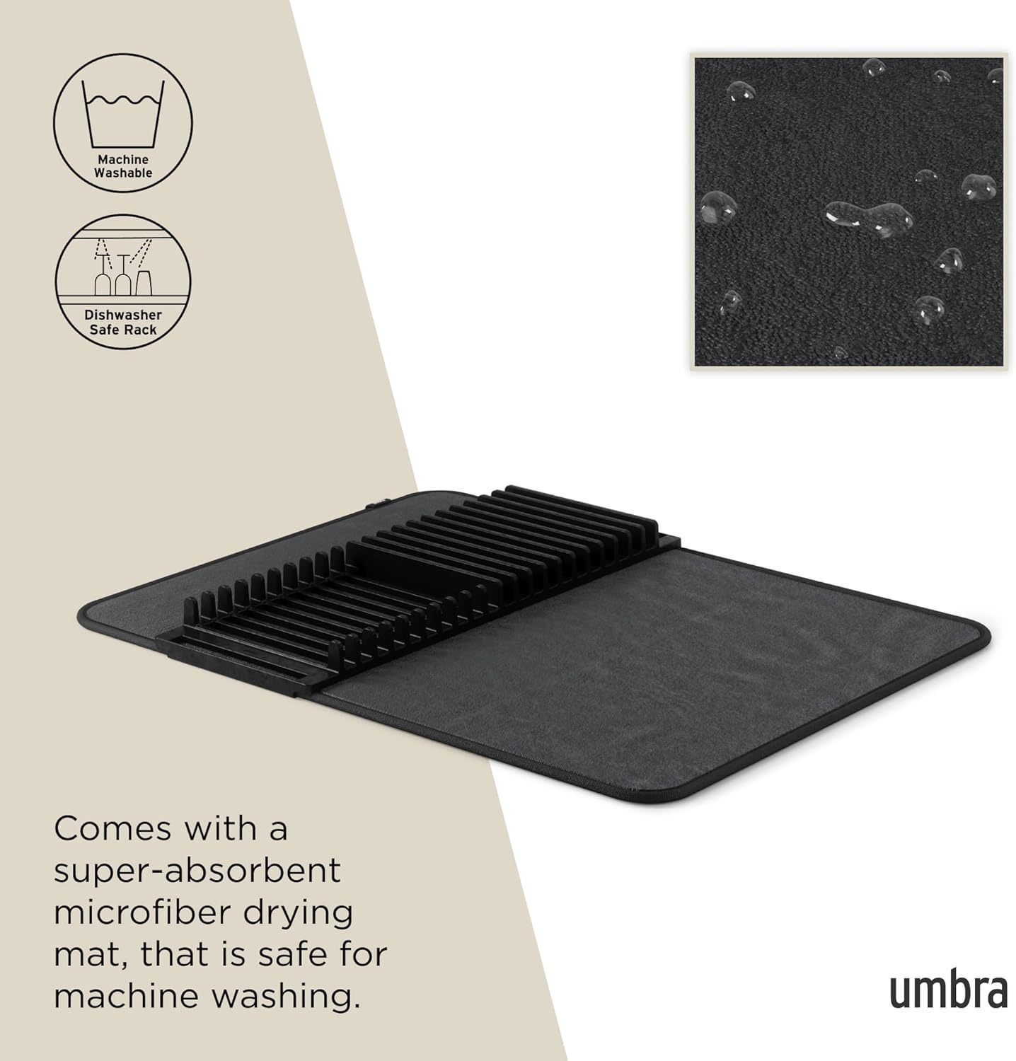 Umbra Udry Dish Rack and Microfiber Drying Mat – Space-Saving Design Folds Up for Easy Storage, Mini Rack, Gray