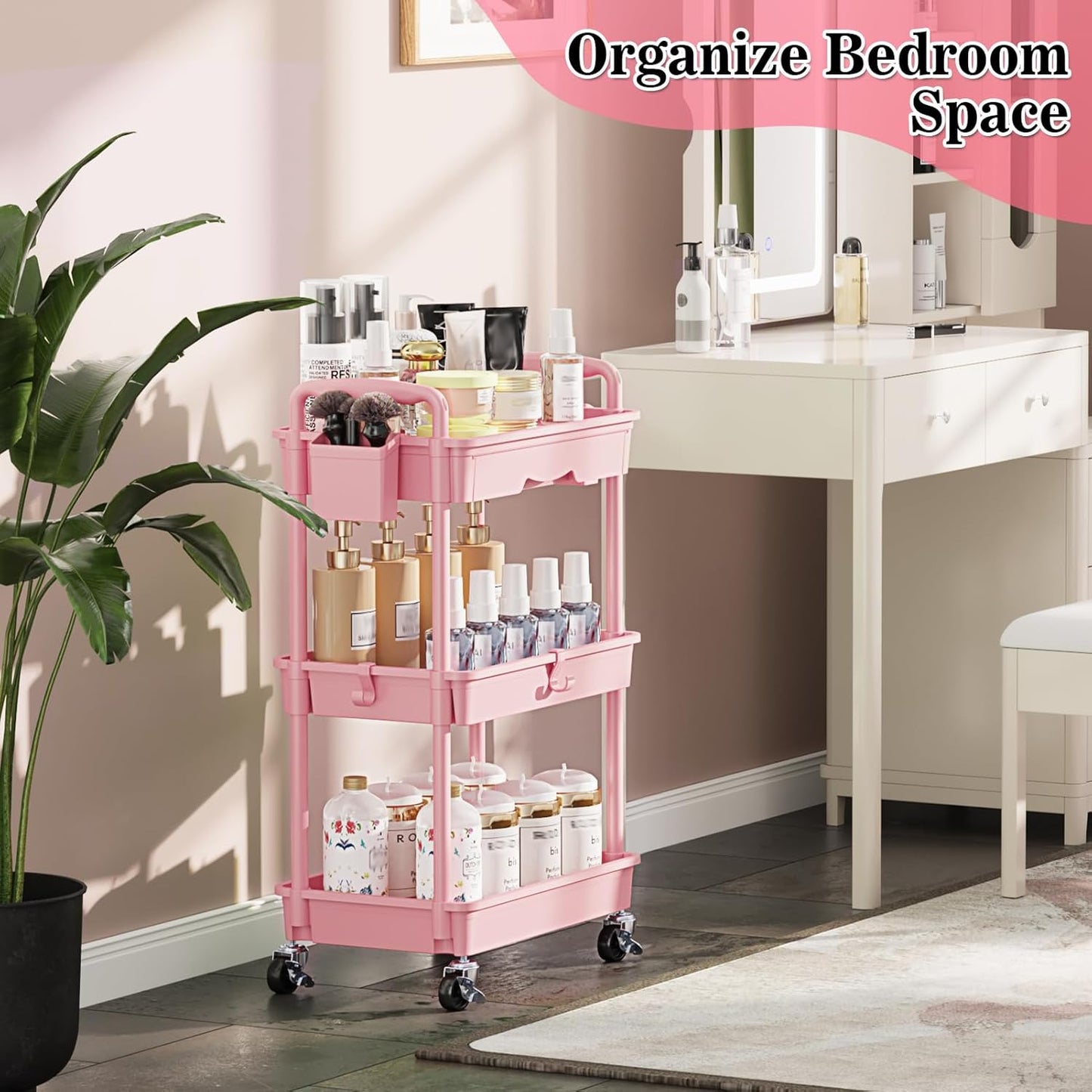 SUNALLY 3 Tier Rolling Cart with Drawer, Bathroom Storage Organizer with 2 Lockable Wheels, Multifunctional Rolling Storage Cart for Bathroom, Kitchen, Office, Craft, Makeup, Baby Essentials, White