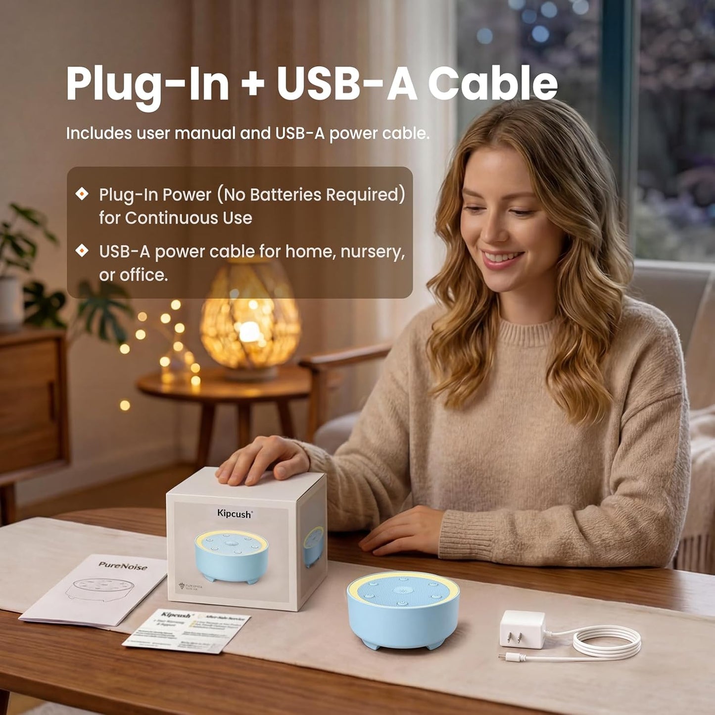Kipcush White Noise Machine - 21 Soothing Non-Looping Sounds, Dimmable Night Light, & Blind-Touch Buttons | USB-Powered Portable Sleep Therapy for Babies, Adults, Office & Travel - White