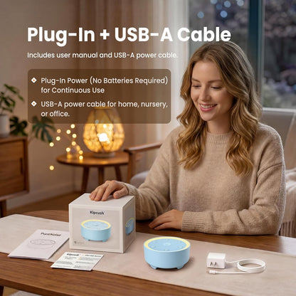 Kipcush White Noise Machine - 21 Soothing Non-Looping Sounds, Dimmable Night Light, & Blind-Touch Buttons | USB-Powered Portable Sleep Therapy for Babies, Adults, Office & Travel - White