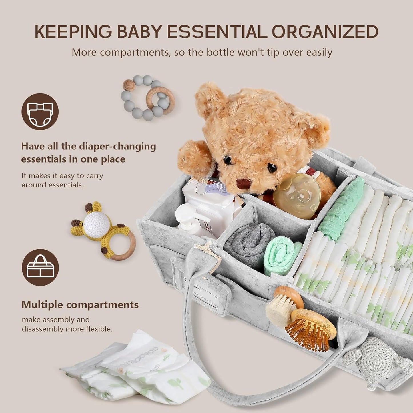 GEMII Diaper Caddy Organizer-Large Baby Caddy Organizer with Handle, Newborn Registry Essentials, Baby Shower Basket Gifts for Boys or Girls (Oatmeal, Large)
