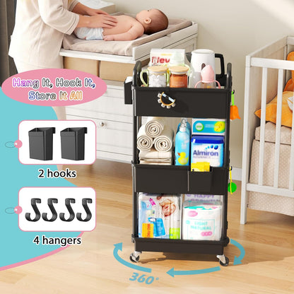 SUNALLY Baby Diaper Caddy Cart, 3 Tier Rolling Diaper Cart with Lockable Wheels for Nursery Essentials, Large Capacity & Easy Assemble Diaper Storage Organizer for Newborn,New Mom, White