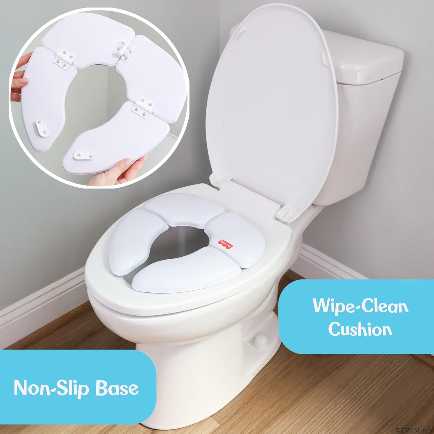 Fisher-Price™ 2-N-1 Potty Trainer with Flushing Sounds, Chart & Storage – White Floor Potty Chair with Splash Guard, Removable Ring & Bowl, Patented Snap Safe Ring Technology