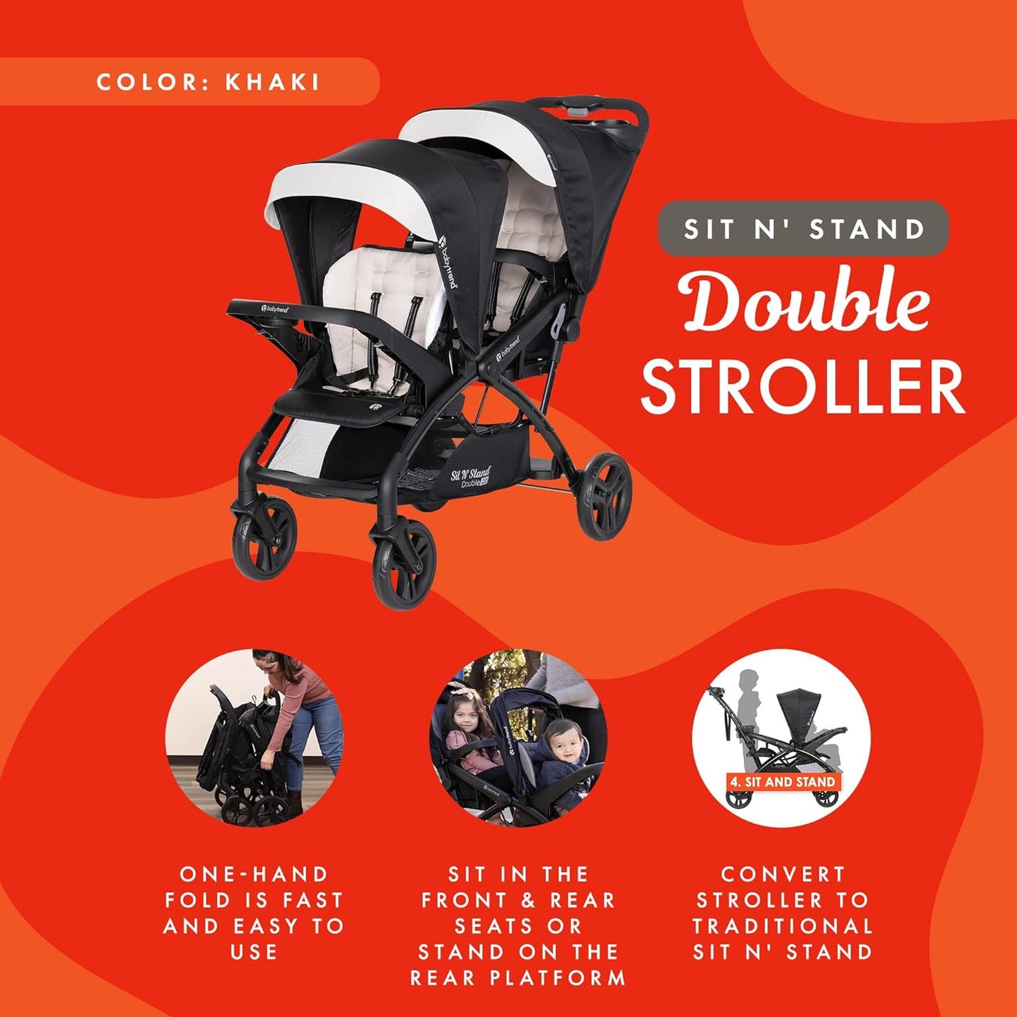 Baby Trend Double Stroller with Canopy Visors, Storage Basket and 2 Cup Holders, Sit N' Stand 2.0 DLX, Stormy – Foldable Infant and Toddler Tandem Stroller and Travel System