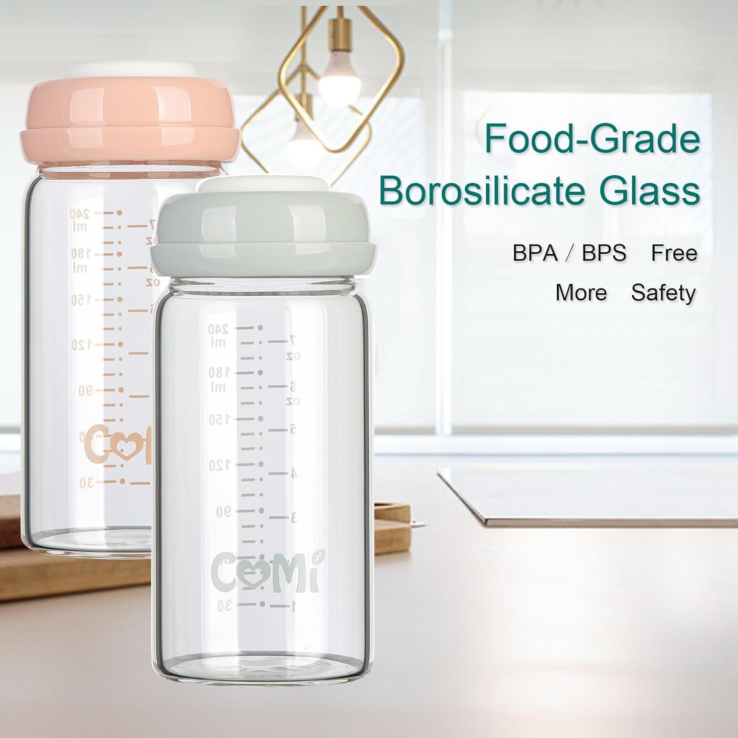 COMI Wide Neck Glass Breastmilk Collection n Storage Bottle, 4 Packs,10oz with Screw Ring Sealing Disk,Re-markable Sealing Disc,BPA Free,Fits Breast Pumps&Nipples(4 Green Lids)