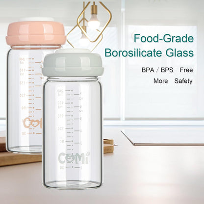COMI Wide Neck Glass Breastmilk Collection n Storage Bottle, 4 Packs,10oz with Screw Ring Sealing Disk,Re-markable Sealing Disc,BPA Free,Fits Breast Pumps&Nipples(4 Green Lids)