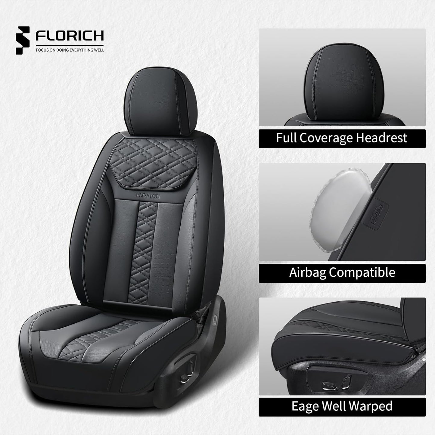 FLORICH Car Seat Covers Full Set, Automotive Seat Covers, Black Car Seat Cover, Waterproof Seat Protectors Universal fit for Car Truck Van SUV - Black