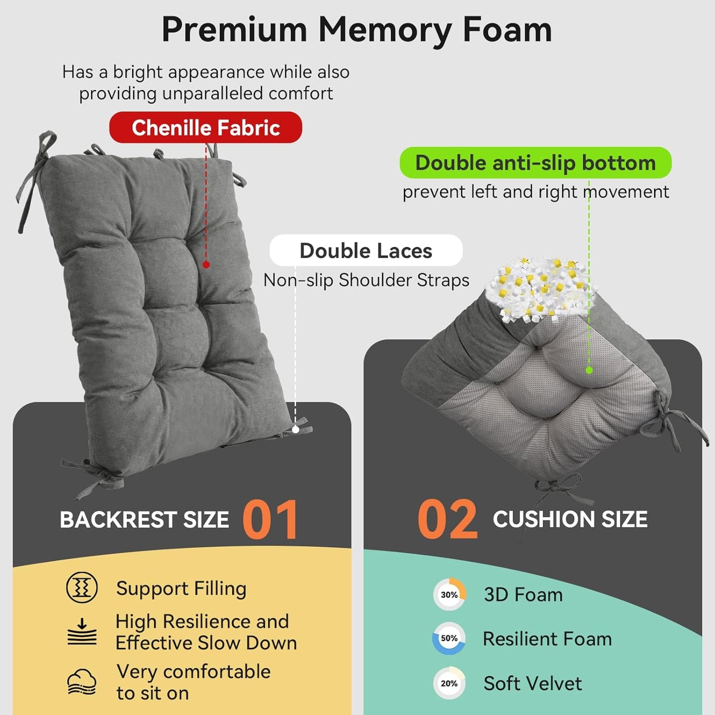 Millsilo Rocking Chair Cushions 3-Piece Set with Neck Pillow, Indoor Rocker Comfortable Tufted Non-Slip Pads with Ties, High-Density Foam Cushion for Adirondack Glider Chair, Orange, 52 x 19 x 4 Inch