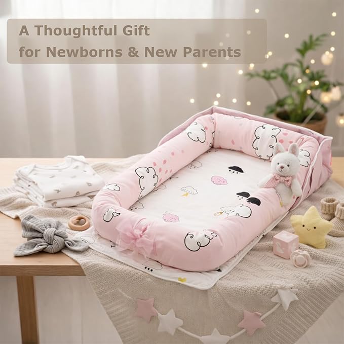 Baby Lounger for Newborns & Infants 0–24 Months, 100% Cotton Breathable Infant Support Cushion with Adjustable Size, Portable Baby Nest for Home and Travel, Baby Shower Gift (Rain Cloud)