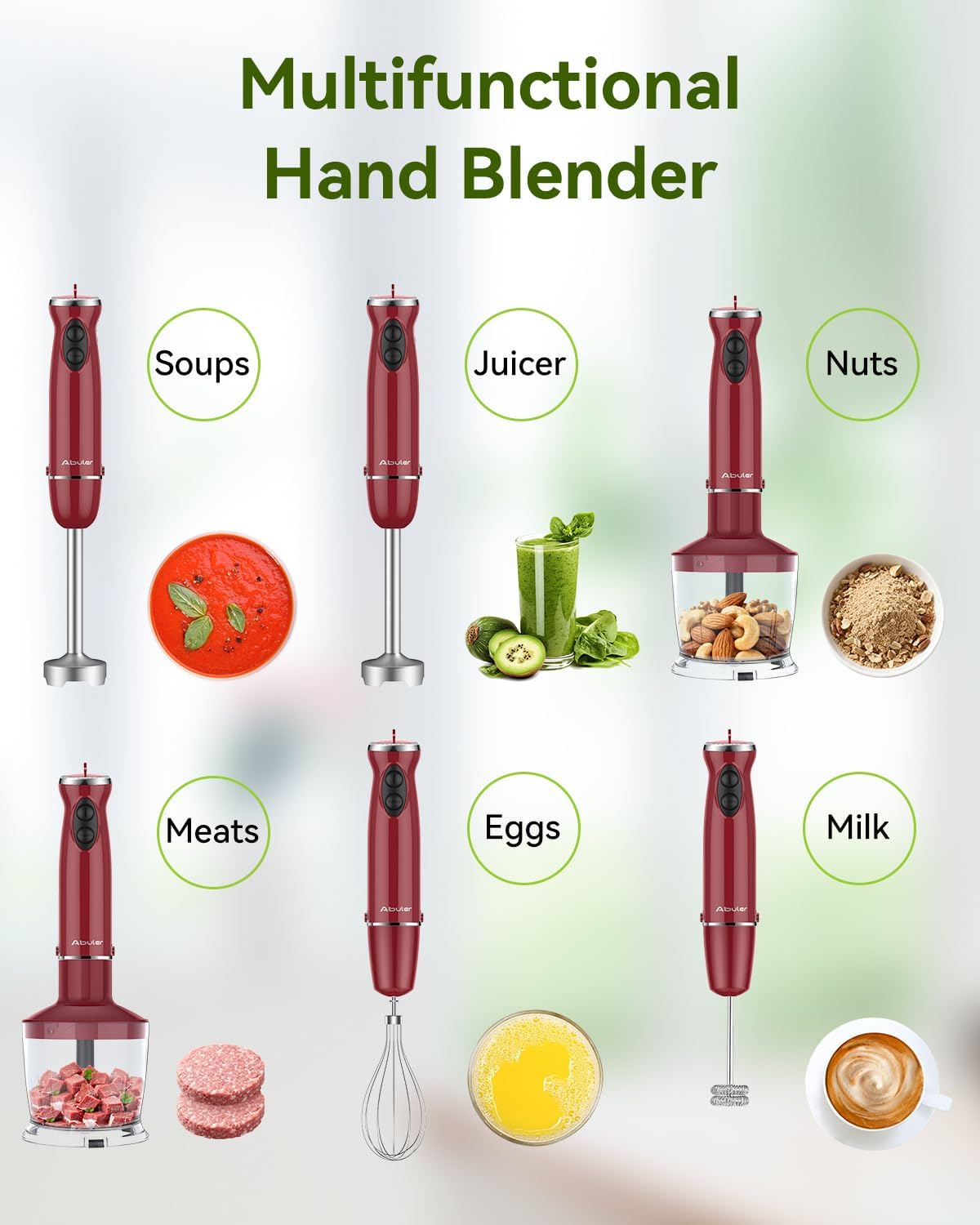 Immersion Blender Handheld 5 in 1 Hand Blender, 1000W Hand Mixer Stick, BPA-Free 12 Speed Handheld Blender 304 Stainless, Beaker, Chopper, Whisk and Milk Frother, Soup, Smoothies, Baby Food, Sauce