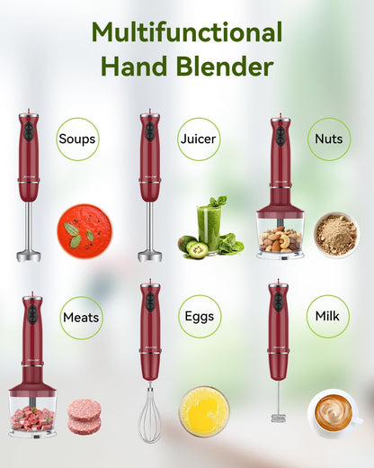 Immersion Blender Handheld 5 in 1 Hand Blender, 1000W Hand Mixer Stick, BPA-Free 12 Speed Handheld Blender 304 Stainless, Beaker, Chopper, Whisk and Milk Frother, Soup, Smoothies, Baby Food, Sauce