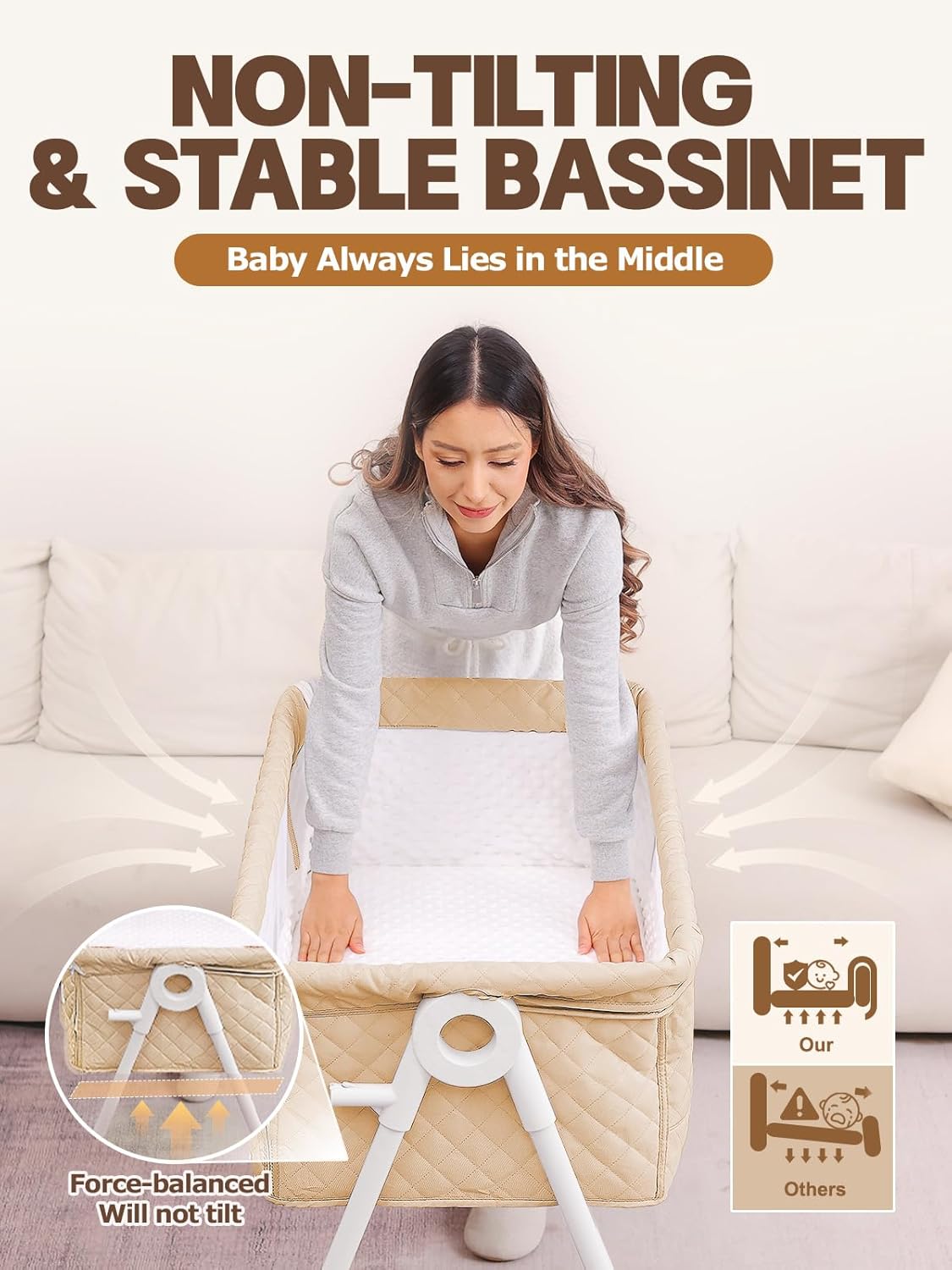 Baby Bassinet Bedside Sleeper - Upgrade Safety Bassinets with Crib Sheet, Easy to Move, 4 Adjustable Height Bedside Bassinet for Infant Newborn, Cream | More Safer, Easy Move, Storage Bag, Waterproof Sheet, Storage Bag, Easy to Install