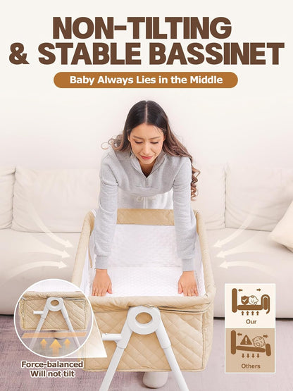 Baby Bassinet Bedside Sleeper - Upgrade Safety Bassinets with Crib Sheet, Easy to Move, 4 Adjustable Height Bedside Bassinet for Infant Newborn, Cream | More Safer, Easy Move, Storage Bag, Waterproof Sheet, Storage Bag, Easy to Install