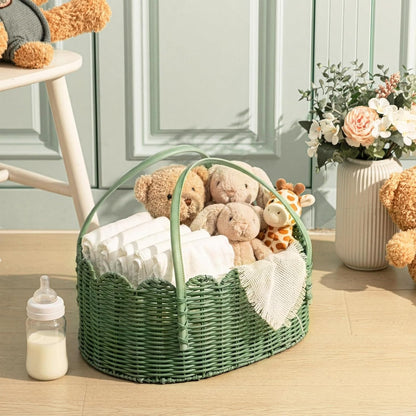 Premium PE Rattan Diaper Caddy Organizer with Handles, Easy-clean PE Wicker Storage Basket, Sage Green Nursery Organizer for Baby Essentials & Baby Shower Gifts