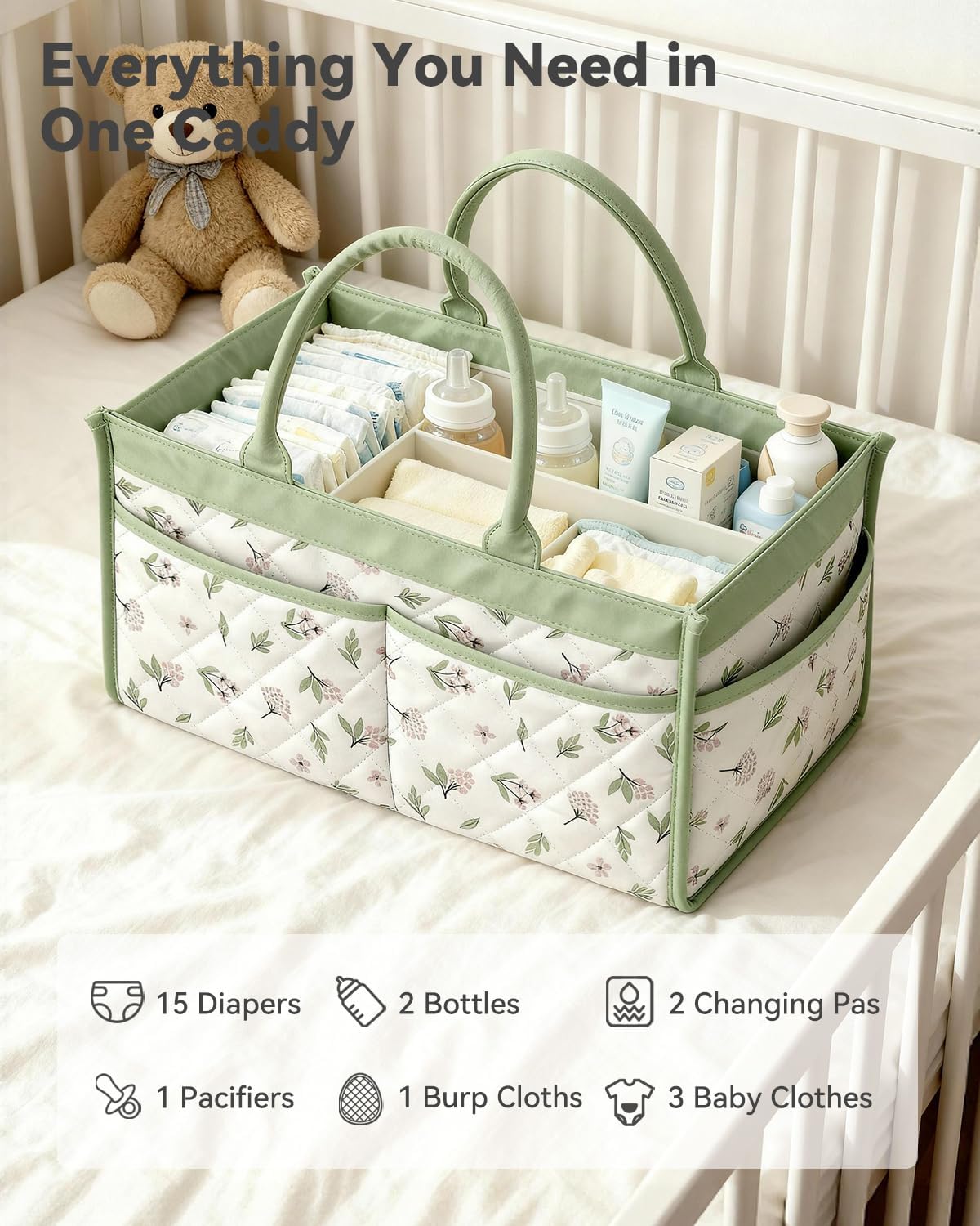 Tivellary Baby Diaper Caddy Organizer – Stylish Storage Basket for Newborn Essentials, Nursery & Diaper Station, Registry Must-Have, Sage Green Botanical