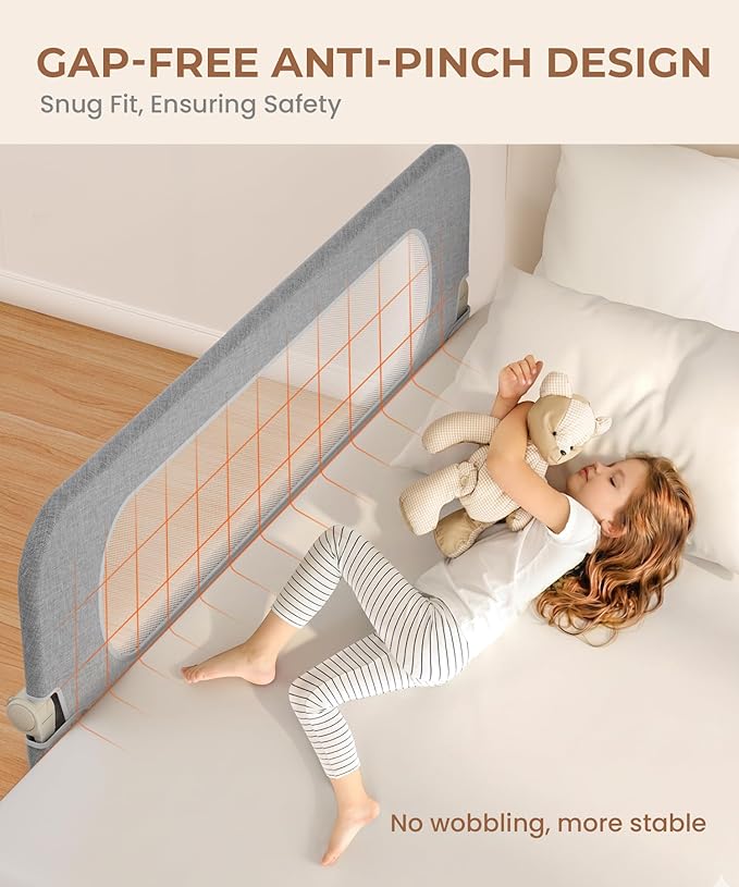 Bed Rail for Toddlers,Foldable & Swing Down,Gap Free Safety Anti-Pinch Double Crossbar Bed Guard More Stability,Quick No-Tool Installation for Twin, Full, Queen, King Beds (Gray, 47in)
