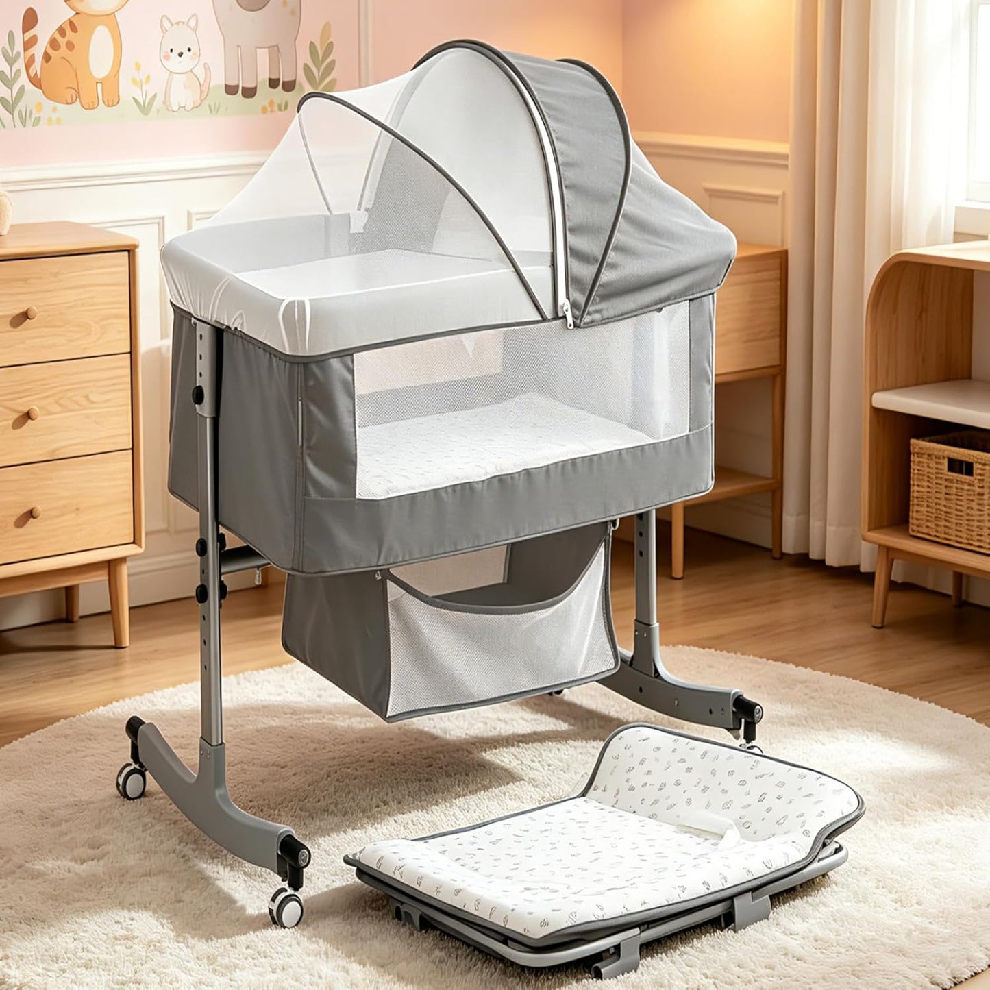 Baby Bedside Sleeper Bassinet with Changing Table, 39.4x23.6in, Portable, 6-Height Adjustable, 4-in-1 Iron Frame, Silent Wheels & Brakes, Breathable Mesh, Grey, for 0-24 Months