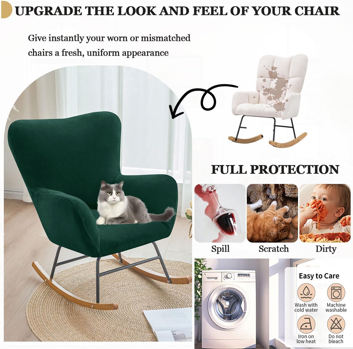 Levoberg Nursery Rocking Chair Cover Velvet Rocker Glider Chairs Cover Slipcovers Stretch Rocking Accent Chair Cover Recliner Armchair Slipcover for Nursery Living Room Bedroom Office Camel