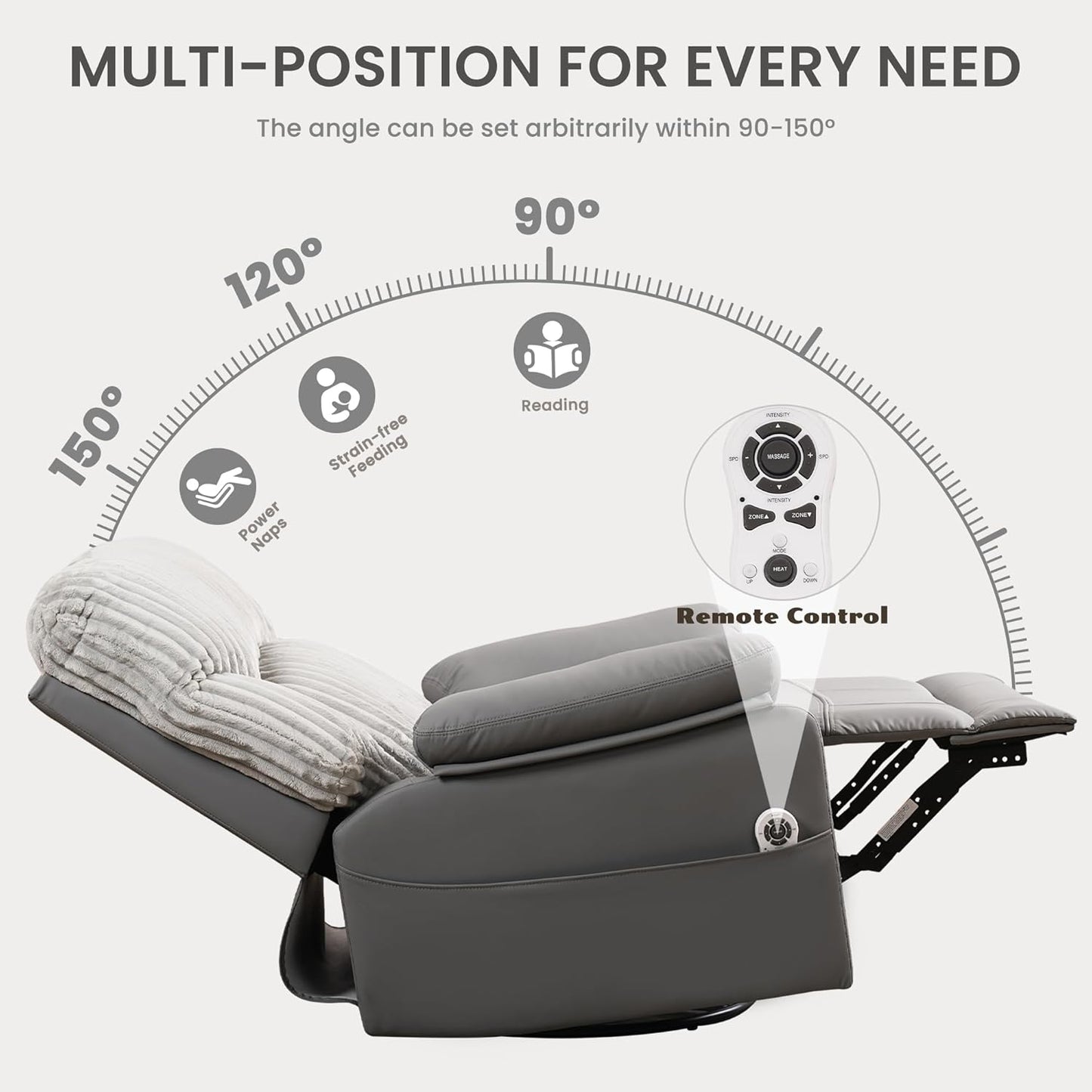 GRAINELL Oversize Power Swivel Recliner, 40in Wide Electric Glider Rocking Chair with Headrest Adjustment, USB Port, 270° Swivel, Rock 30° – for Living Room, Nursery, Black (5" 7' to 6" 1' Height)
