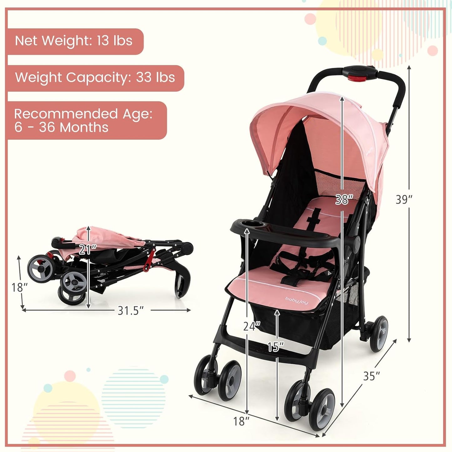 Baby Joy Lightweight Stroller, Compact Toddler Travel Stroller for Airplane, Infant Stroller w/Adjustable Backrest/Footrest/Canopy, 5-Point Harness, Storage Basket, Easy One-Hand Fold (Gray)