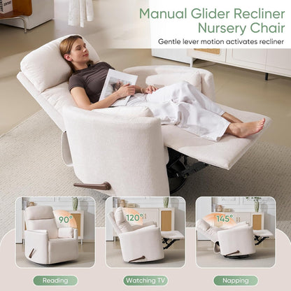 Oversized Swivel Rocker Recliner Chair with Heat and Massage, Rocking Chair with Adjustable Headrest, Manual Recliner, Glider Recliner with 2 Pillows, Chenille White