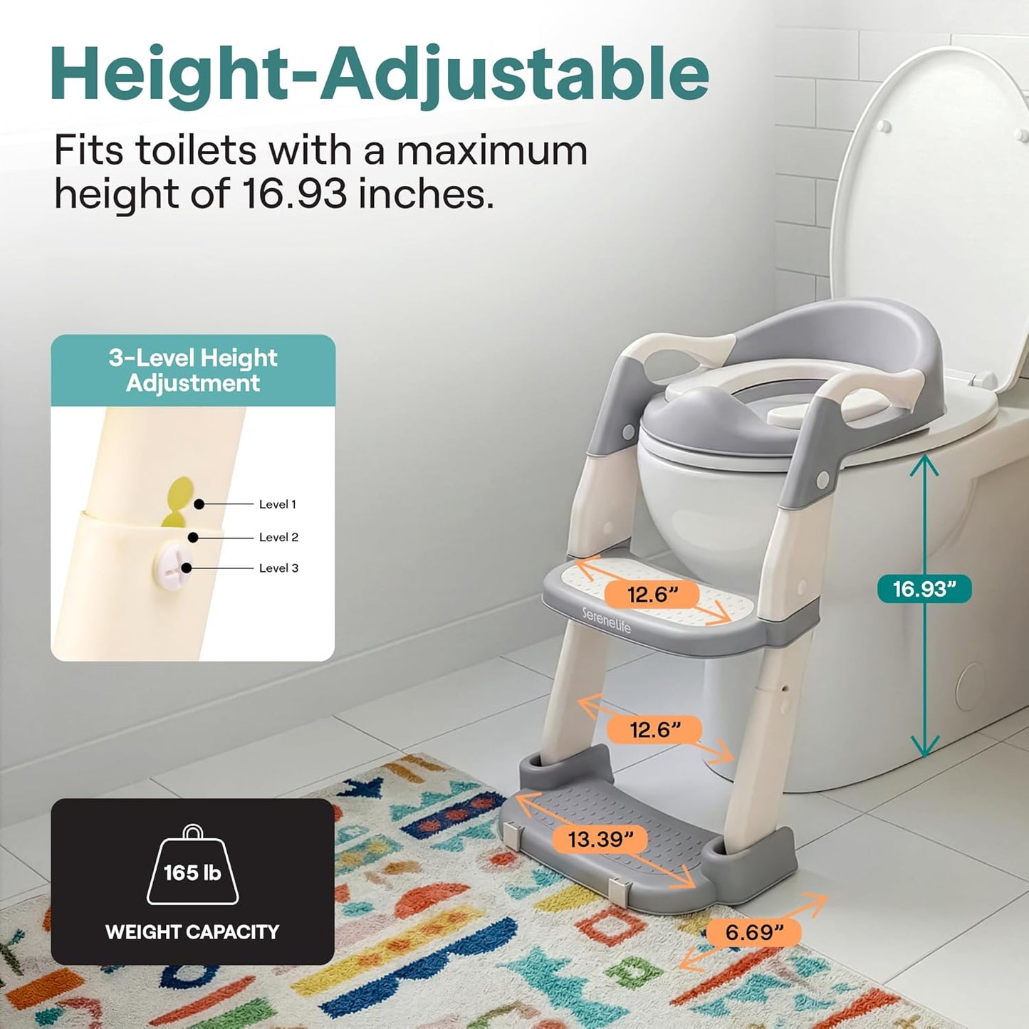 SereneLife 2-in-1 Potty Chair & Potty Training Seat with Step Stool Ladder - Height Adjustable Kids/Toddler Toilet Seat with Stable Anti-Slip Design, Cushioned Seat & Splash Guard For Boys Girls