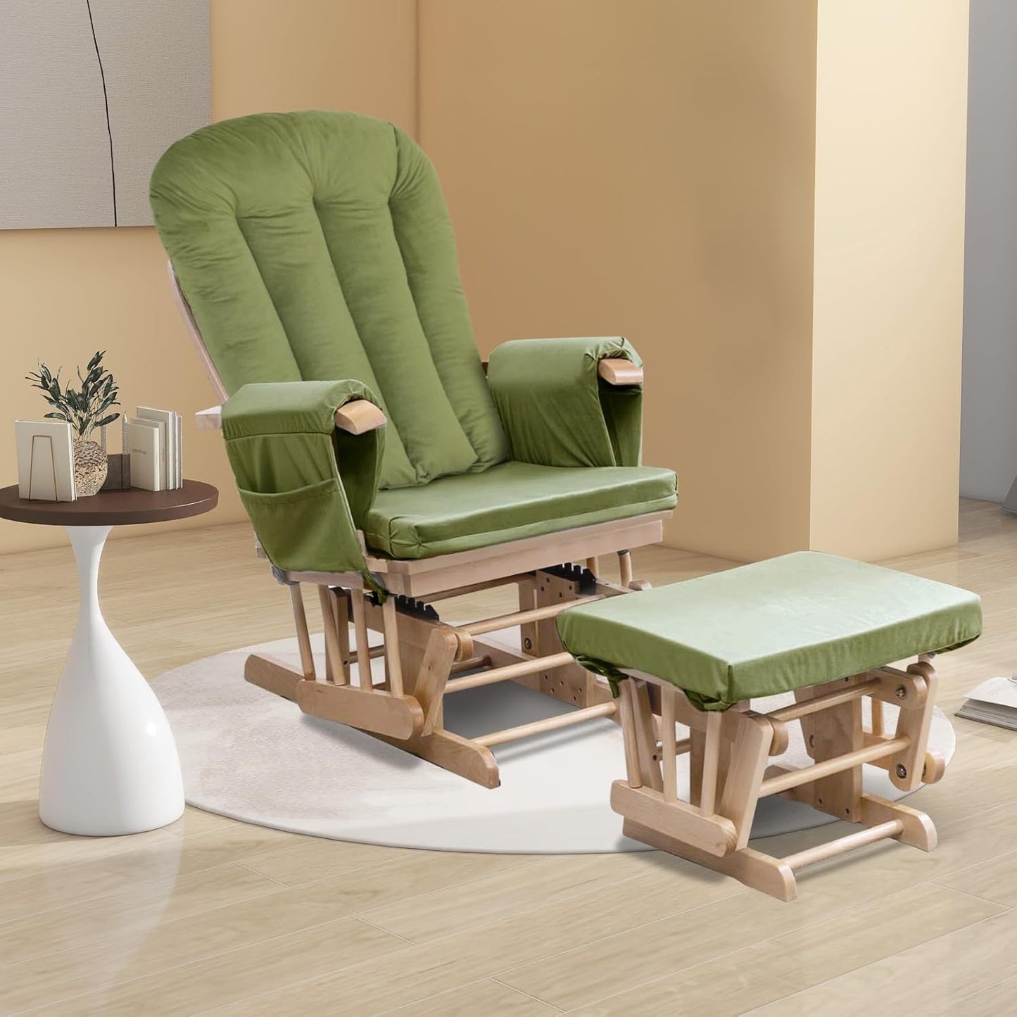 5PCS Suede Glider Rocker Replacement Cushions with 29.5" High Backrest & Side Pockets, Thickened Soft Glider Rocking Chair Cushions with Ottoman Cushion for Indoor Nursery Rocking Chair, Green