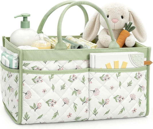 Tivellary Baby Diaper Caddy Organizer – Stylish Storage Basket for Newborn Essentials, Nursery & Diaper Station, Registry Must-Have, Sage Green Botanical