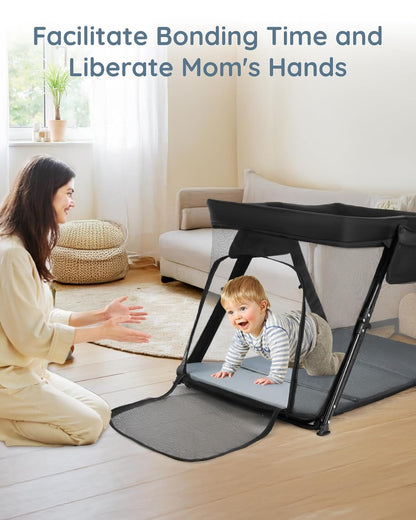Lilian&Gema 2-in-1 Travel Crib, Portable & Foldable Crib with Backpack, Lightweight Baby Travel Playpen with Thick Mattress for Babies & Toddlers, Baby Travel Essential