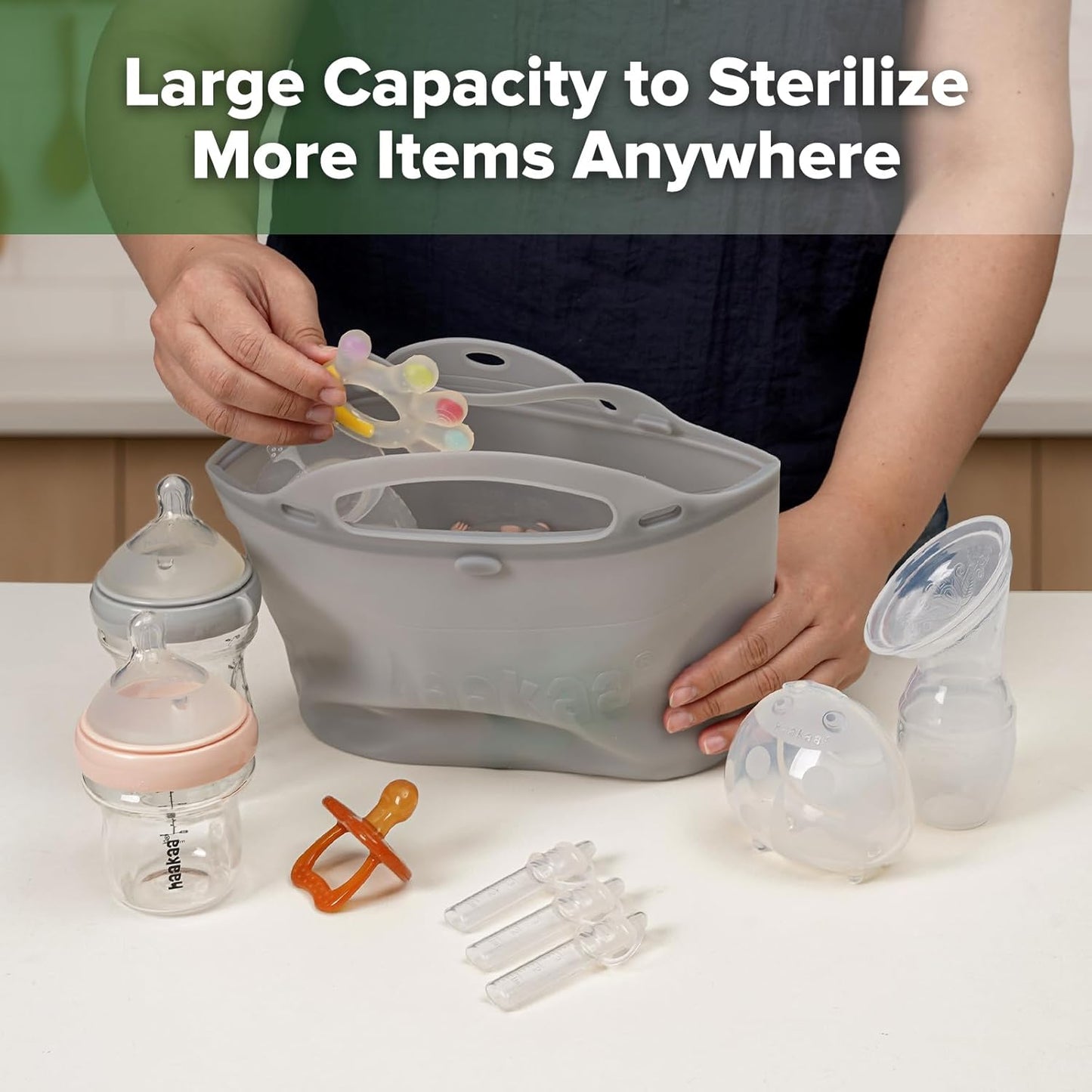 Haakaa On-The-Go Silicone Microwave Steam Sterilizer Bags for Travel, 40oz/1250ml Reusable Silicone Steaming Bags for Baby Bottles, Breast Pump, Accessories, Pacifiers, Teethers,Grey/1PC