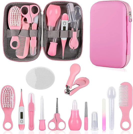 Baby Grooming Kit, Infant Safety Care Set with Hair Brush Comb Nail Clipper Nasal Aspirator,Baby Essentials Kit for Newborn Girls Boys (Grey White)