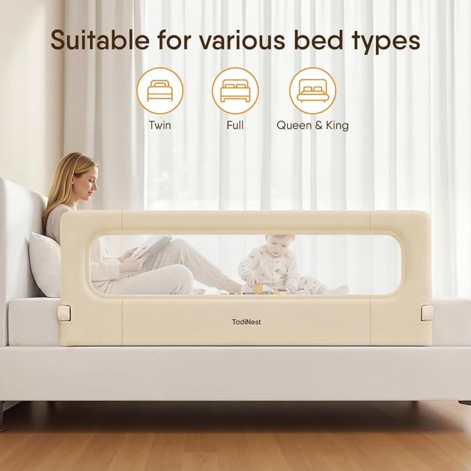 Folding Bed Rail for Toddlers, Baby Bed Rail Guard with Reinforced Anchor Safety System, Toddler Bed Rails for King Size Beds, Twin, Full, Queen (Khaki, 59" L x 21.6" H)