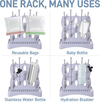 Portable Bottle Drying Rack with Drain Mat, Foldable & Space Saving Drying Rack for Baby Bottles, Pump Parts,Cups,Pacifiers, and Reusable Ziplock Dryer Rack(Grey Drying Rack with Drain Mat)
