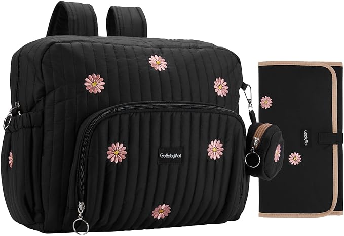 GOBABYMART Diaper Bag Backpack, Medium Maternity baby bag & Changing Pad, Insulated Pockets, Stroller Straps & Pacifier Case (Medium - Black Flowers)