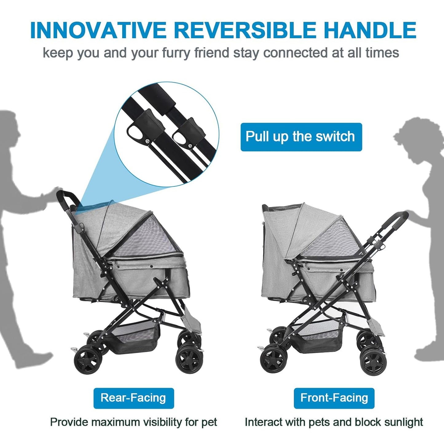Lightweight Dog Stroller with Reversible Handle for Medium Small Dogs and Cats, Foldable Pet Stroller Travel Carriage with Large Storage Basket, 4 Wheels, Black