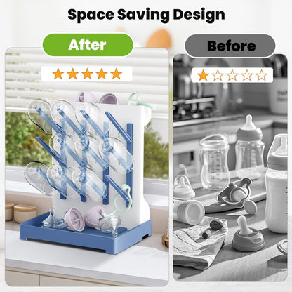 Baby Bottle Drying Rack: Vertical Space Saving Large Bottles Holder - Standing Boon Dryer Rack Baby Accessory - Countertop Holds Up to 12 Bottles & Pump Part Cleaning & Cup (Blue) (Gray)